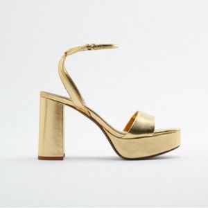 ZARA GOLD PLATFORM HEELED LEATHER SANDALS